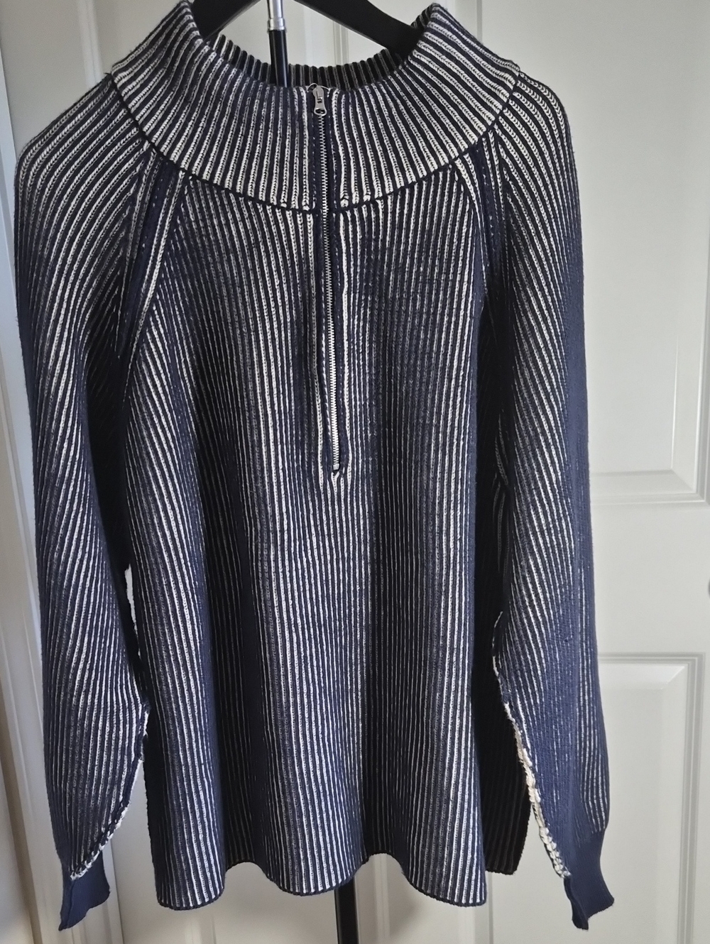 Zenana Outfitters Navy and White Striped Zip Cowl-Turtleneck Sweater